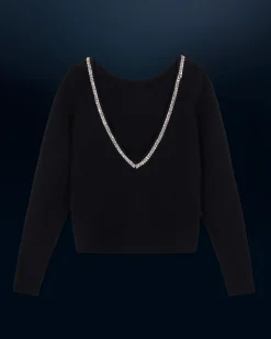 Crewneck Rhinestone Backless Sweater