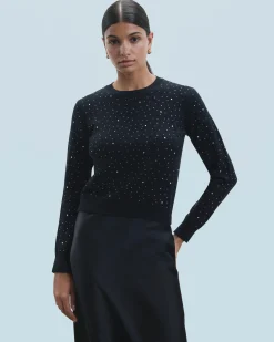 Lightweight Allover Rhinestone Crewneck Sweater