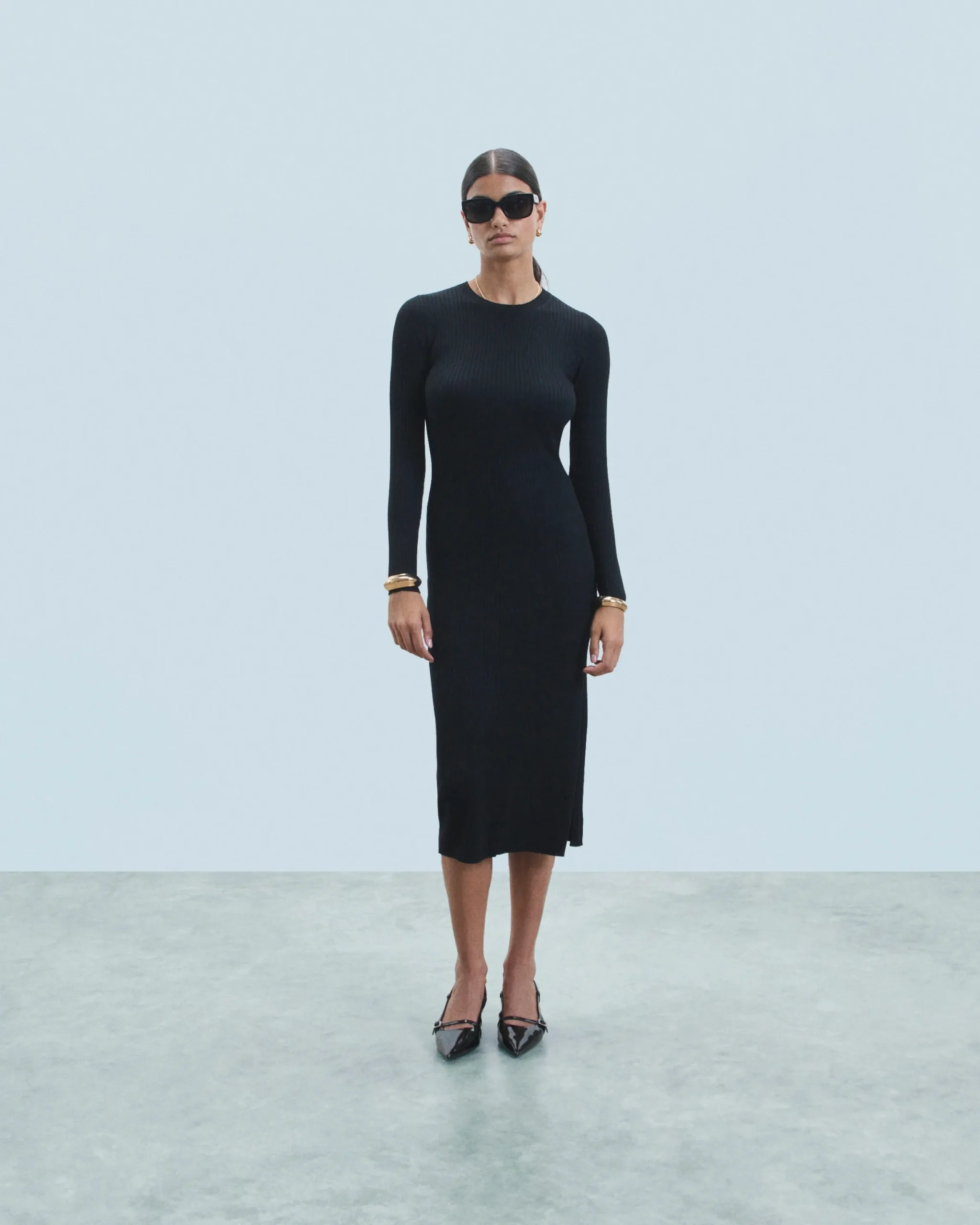 Long Sleeve Ribbed Slit Long Dress