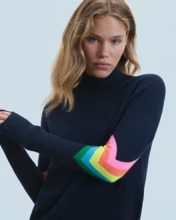 Mock Neck Sweater with Multicolor Striped Sleeves Light