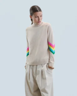 Mock Neck Sweater with Multicolor Striped Sleeves Light