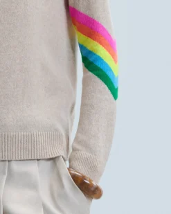 Mock Neck Sweater with Multicolor Striped Sleeves Light