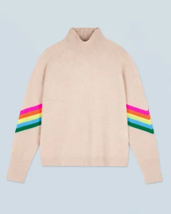 Mock Neck Sweater with Multicolor Striped Sleeves Light