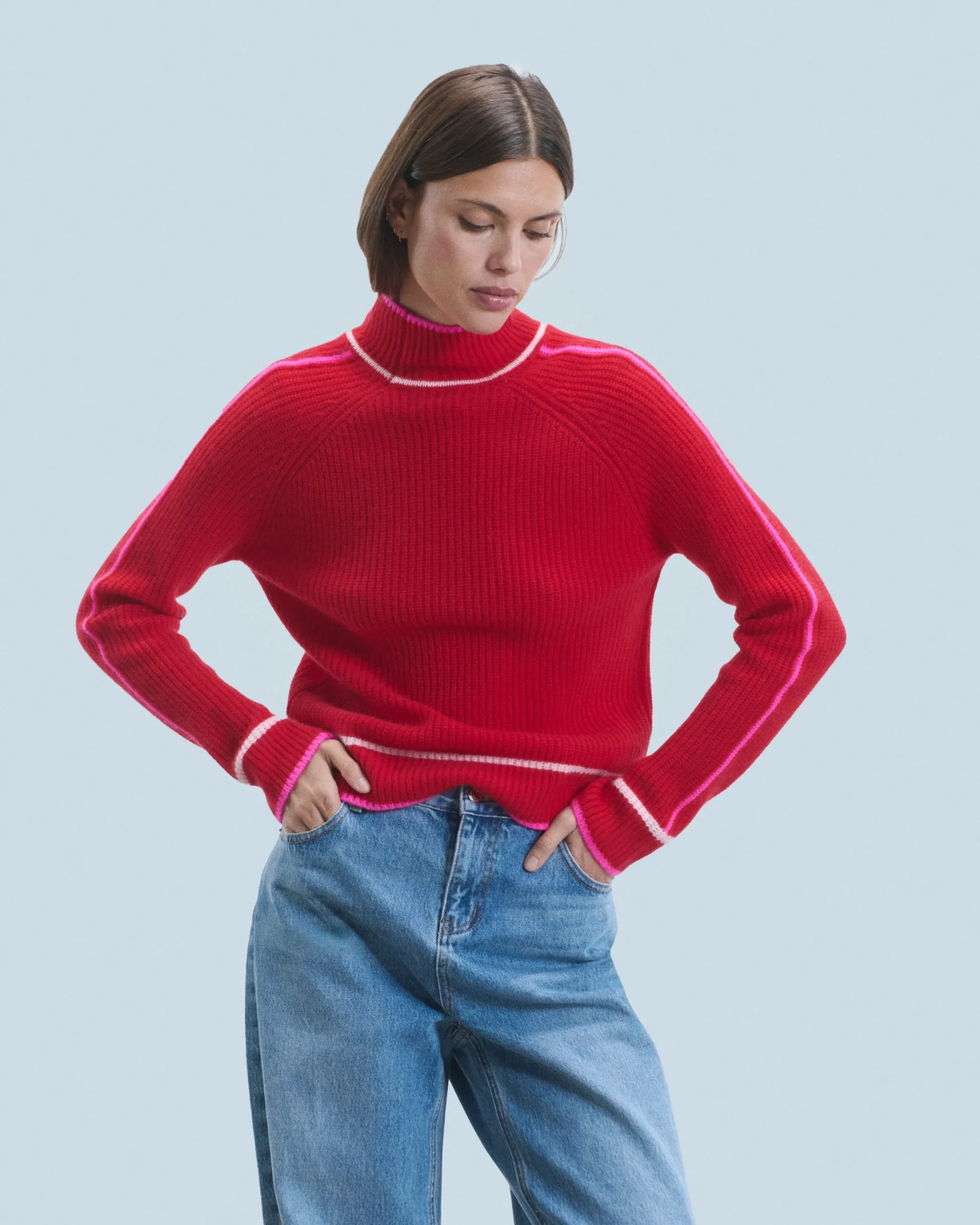 Mock Neck Tricolor Sweater in Textured Knit