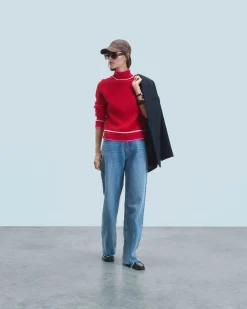 Mock Neck Tricolor Sweater in Textured Knit