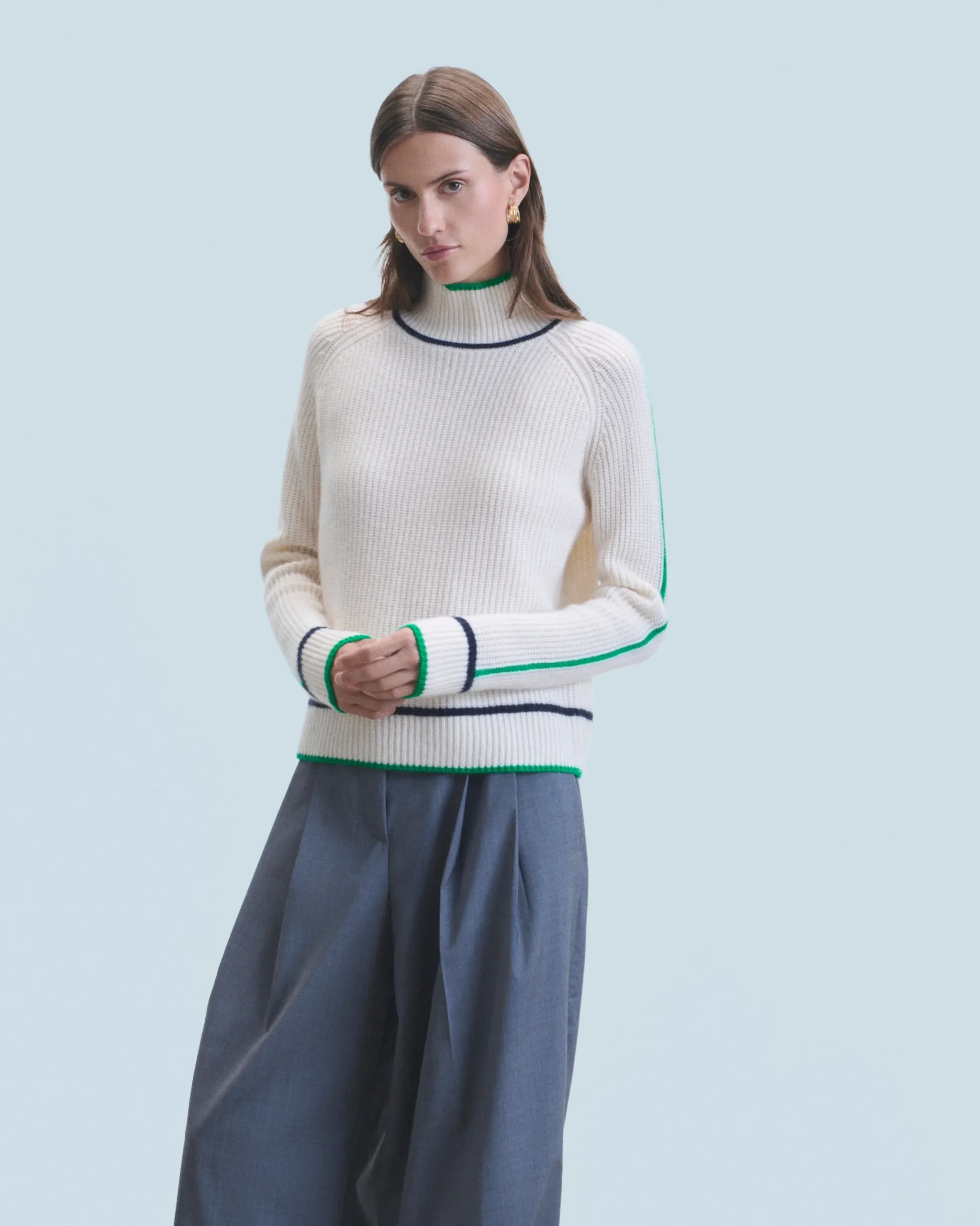 Mock Neck Tricolor Sweater in Textured Knit