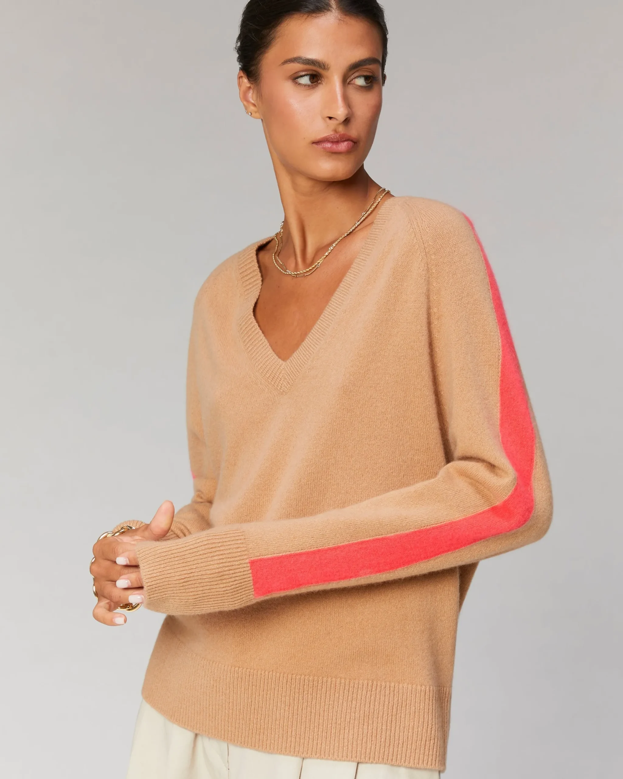 Oversized V-Neck Sweater with Two-Tone Stripes