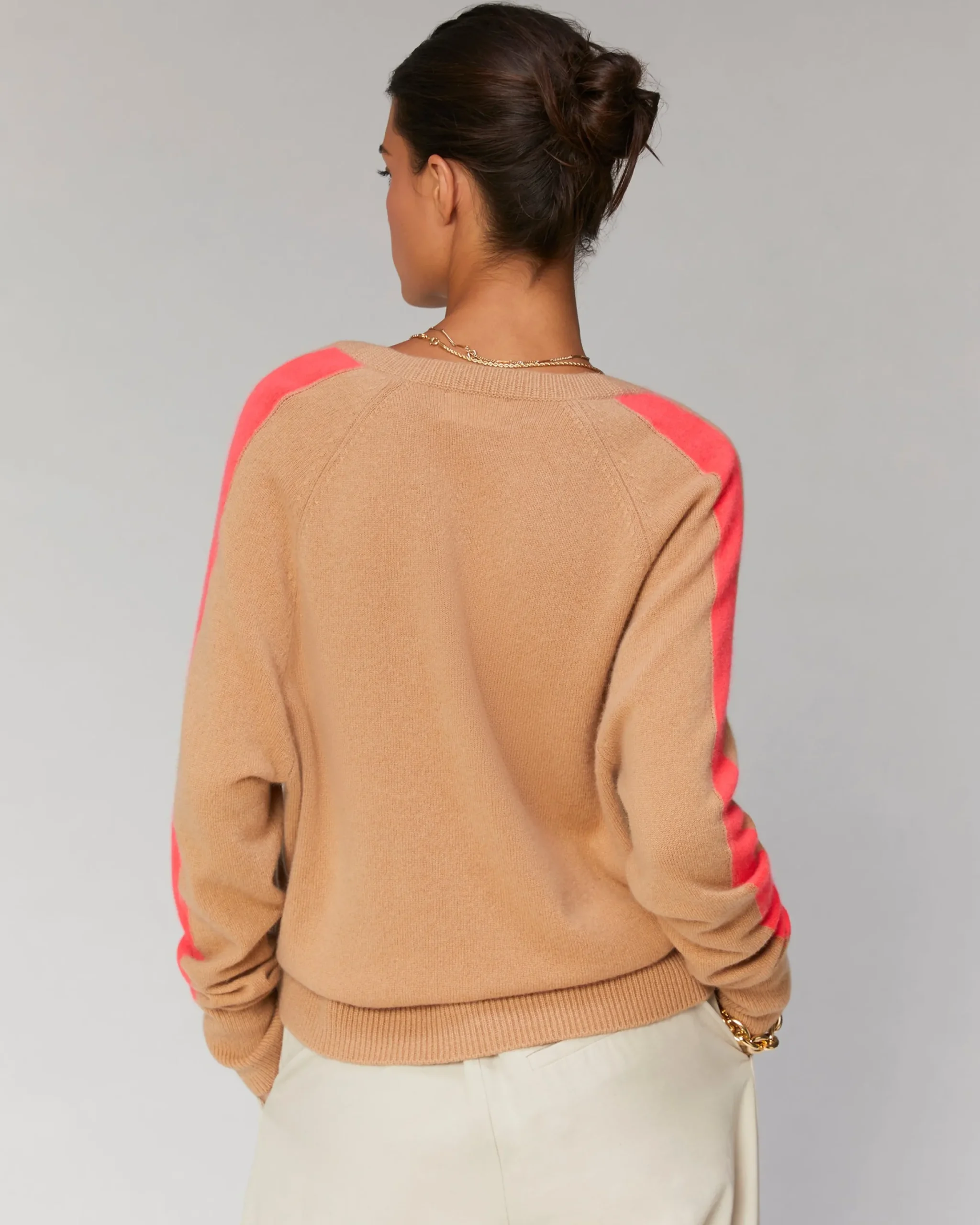 Oversized V-Neck Sweater with Two-Tone Stripes