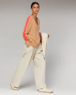 Oversized V-Neck Sweater with Two-Tone Stripes