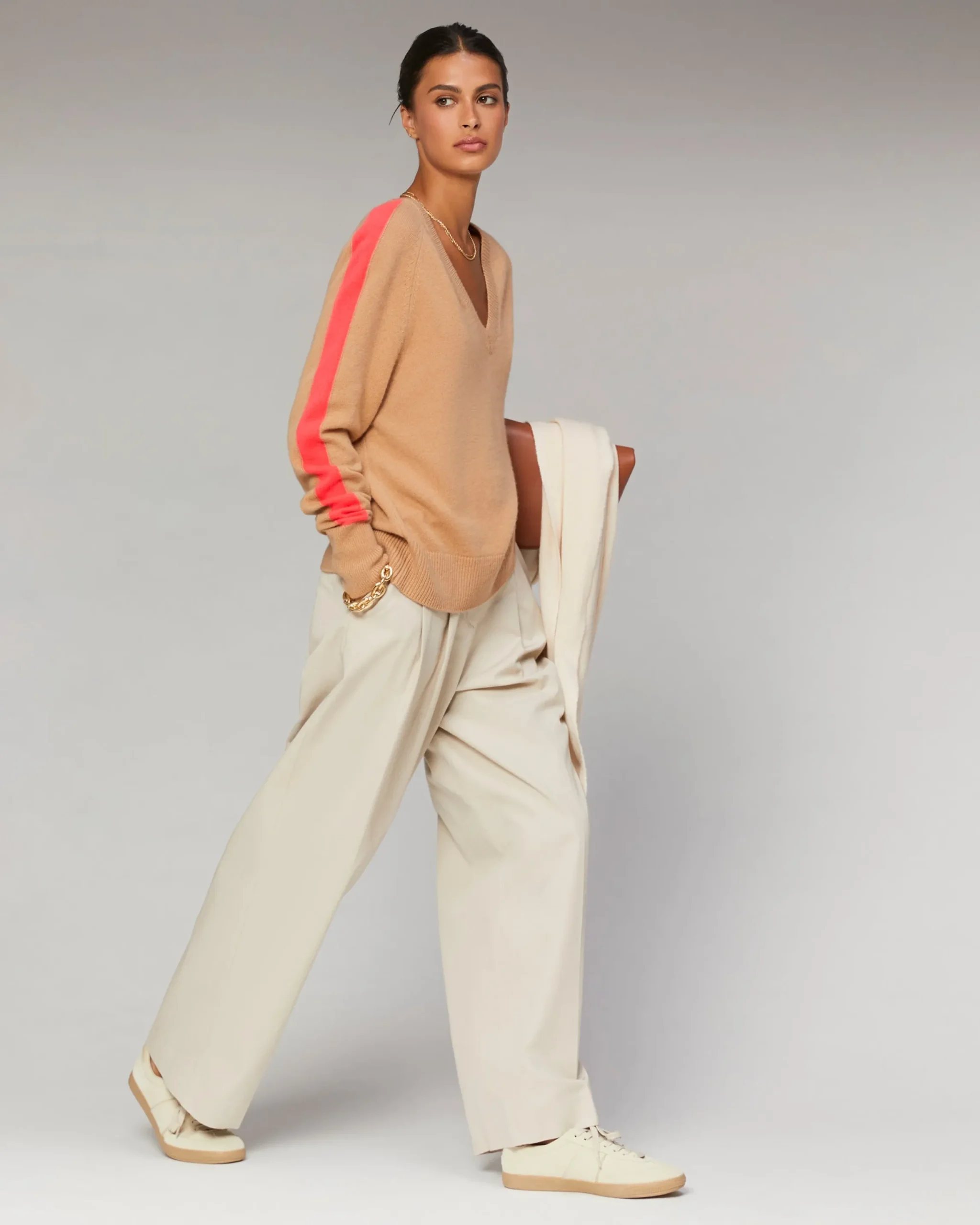 Oversized V-Neck Sweater with Two-Tone Stripes