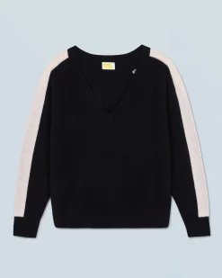 Oversized V-Neck Sweater with Two-Tone Stripes