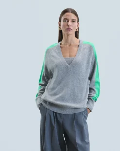 Oversized V-Neck Sweater with Two-Tone Stripes