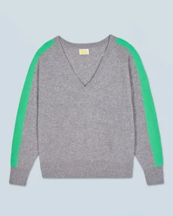 Oversized V-Neck Sweater with Two-Tone Stripes