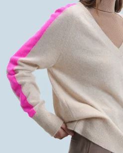 Oversized V-Neck Sweater with Two-Tone Stripes