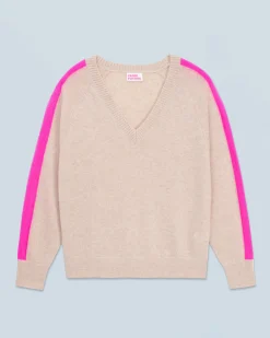 Oversized V-Neck Sweater with Two-Tone Stripes