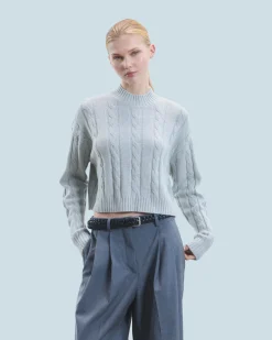 Short Mock Neck Cable Knit Sweater