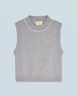 Sleeveless Sweater with Beads at the Neckline